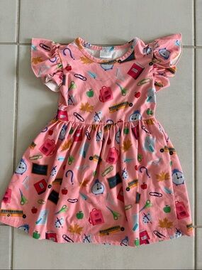 Girls' Pink School-Themed Flutter Sleeve Dress